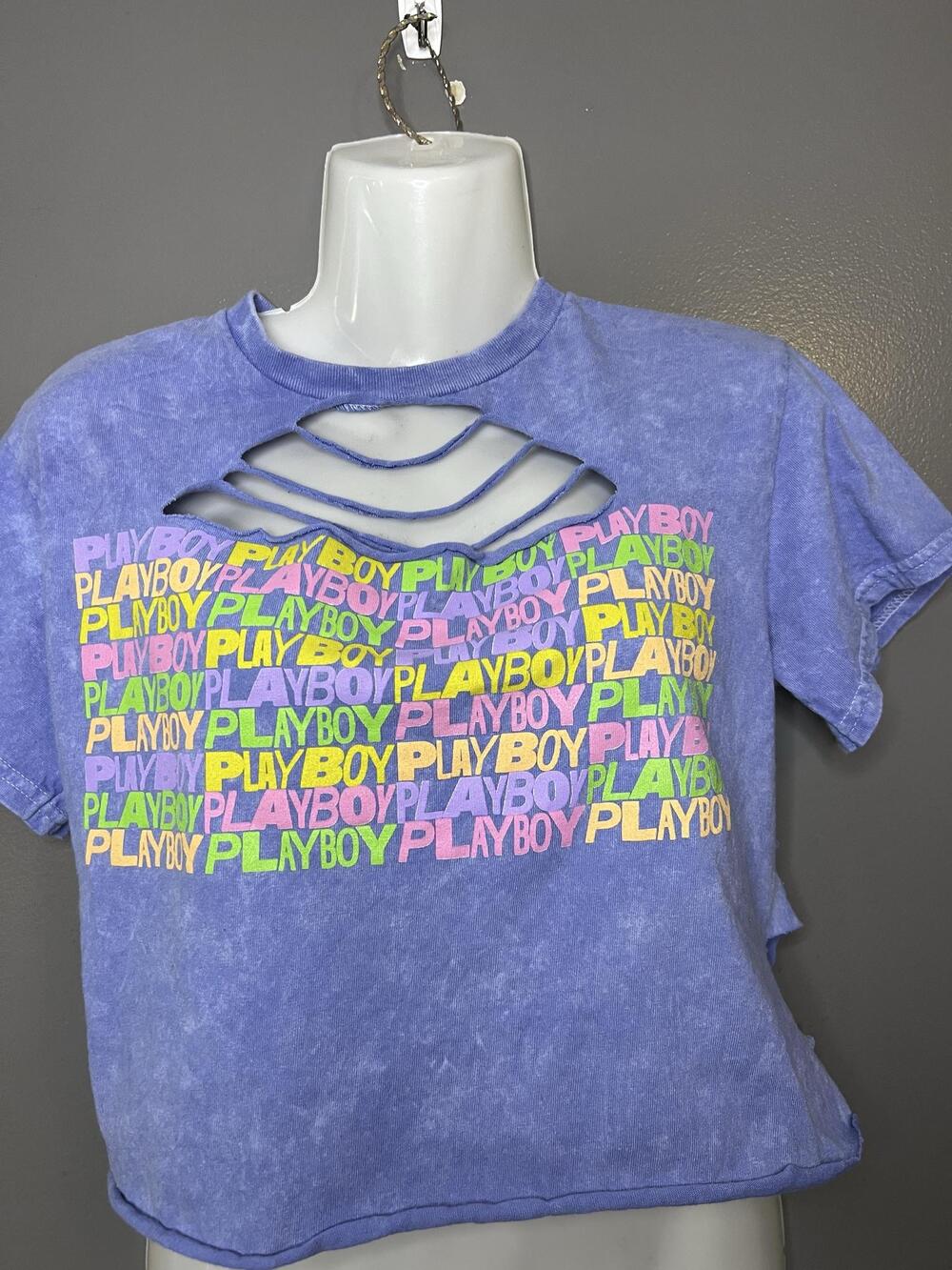 Playboy Shirt Womens Medium Blue Acid Wash Cutout Strappy Cropped Tee Top